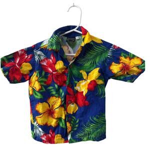 Vintage Boys Hawaiian Shirt Aloha‎ Top Size 4 Blue Yellow Red Hibiscus Flowers